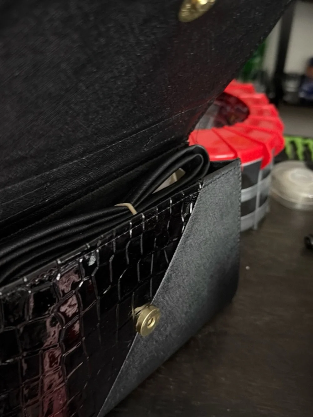 Collection B Black Satchel with Red Trim and Gold Hardware